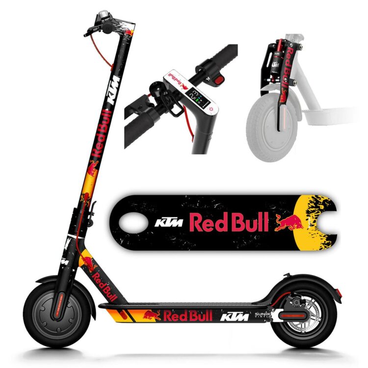 Vinilo Redbull X KTM para Xiaomi (Negro) - KIT COMPLETO (26 PEGATINAS) + BASE M365, 1S, Essential y MI3